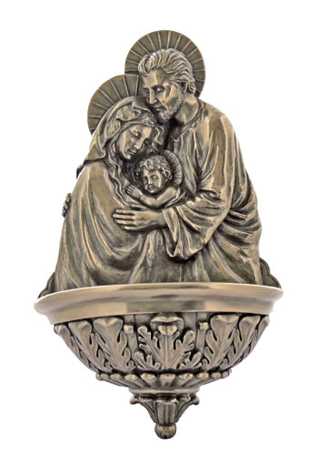 Holy Family holy water font painted in cold-cast bronze, 9".