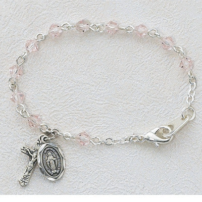 Baby Pink Crystal Bracelet Sterling Silver Cross & Medal