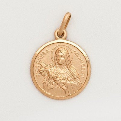 Medalla redonda de Santa Teresa de Lisieux de oro de 10k